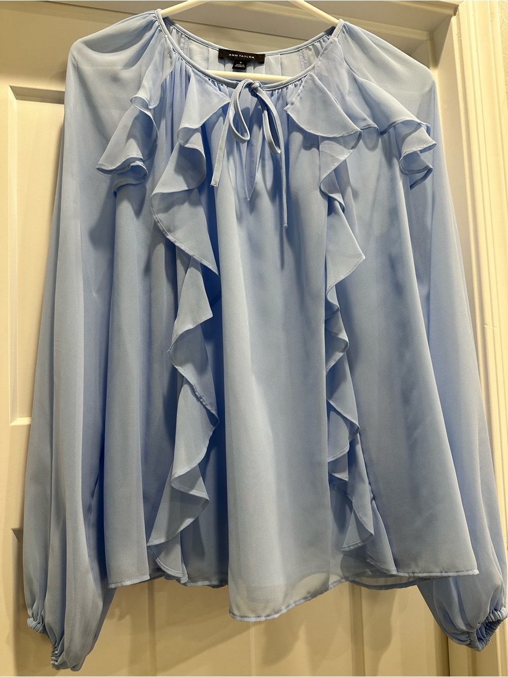 Ann Taylor Light Blue Ruffle Tie-Neck Blouse